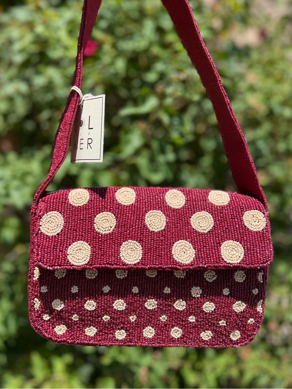 NWT Sol and Mer Maroon Burgundy Red Polka Dot Beaded Shoulder Bag Fall Winter